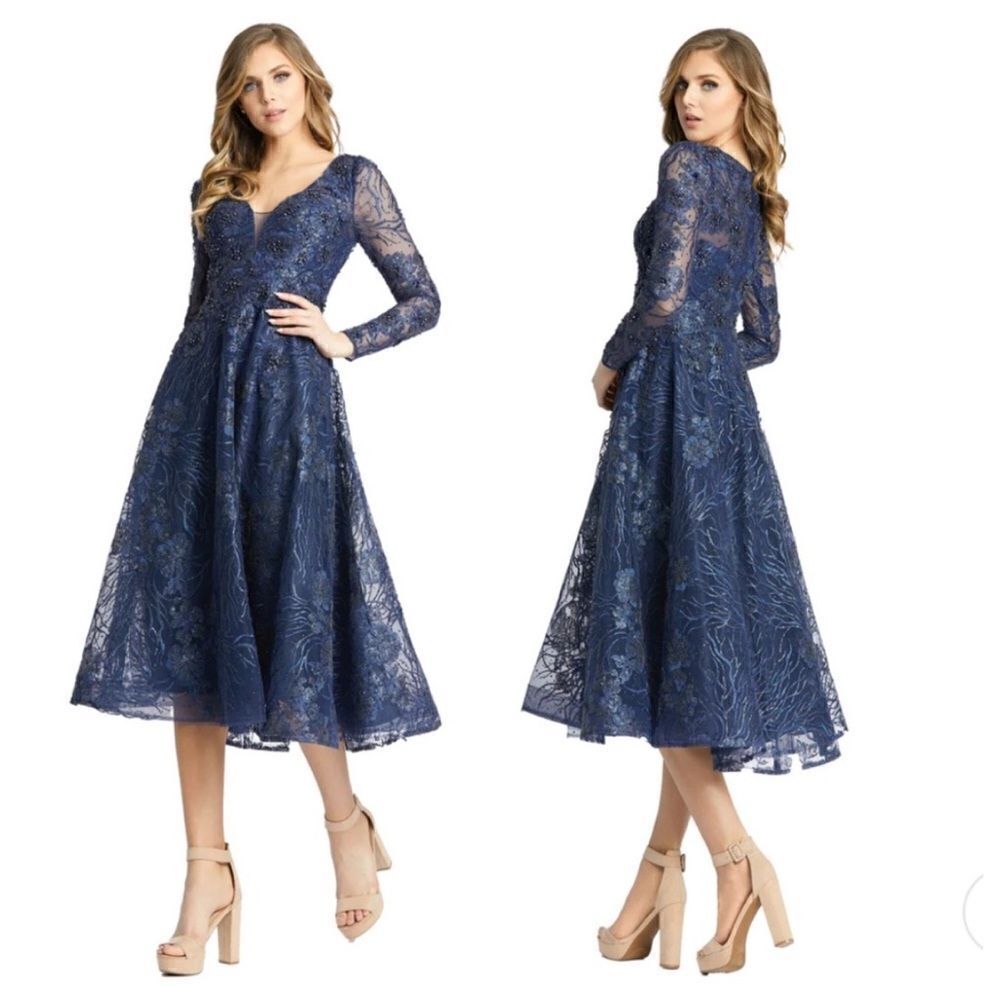 MAC DUGGAL EMBELLISHED PLUNGE NECK ILLUSION LONG SLEEVE MIDI MIDNIGHT SIZE 10